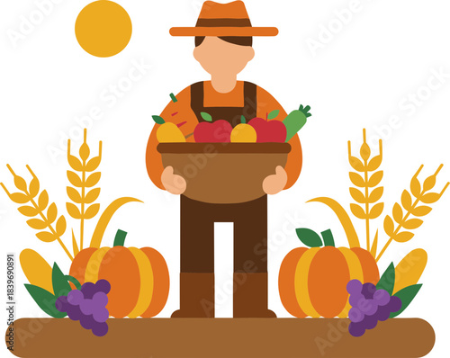 Flat vector illustration of a farmer holding a basket of fresh harvest produce.