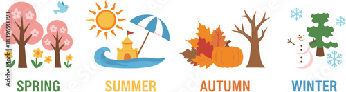 A colorful vector illustration set depicting the four seasons: spring summer autumn and winter.