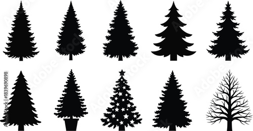 Collection of silhouetted evergreen and deciduous trees in various forms