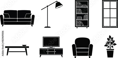 Simple black and white icons depicting common living room furniture and decor