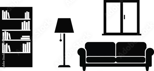 Simple interior scene displaying a bookshelf lamp sofa and window