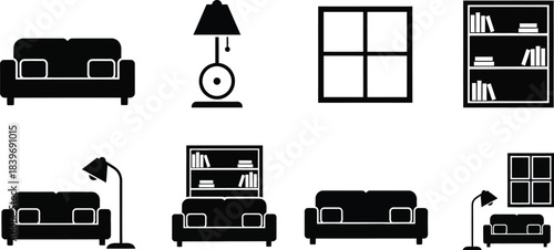 Simple black silhouette icons representing living room furniture and home decor