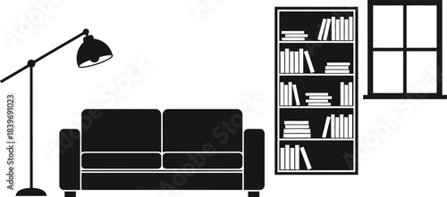 Minimalist living room interior with sofa lamp and bookshelf design