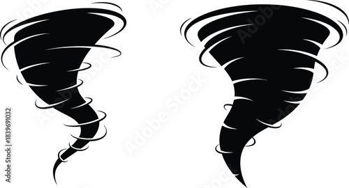 Two stylized black tornado illustrations swirling vortex shapes on a white background