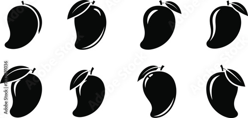 Black and white illustration of several mango silhouettes in varying poses