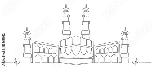 Holy Kaaba in Mecca Saudi Arabia, Flat Line Art Vector illustration.