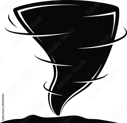 A stark black silhouette of a swirling tornado against a white background
