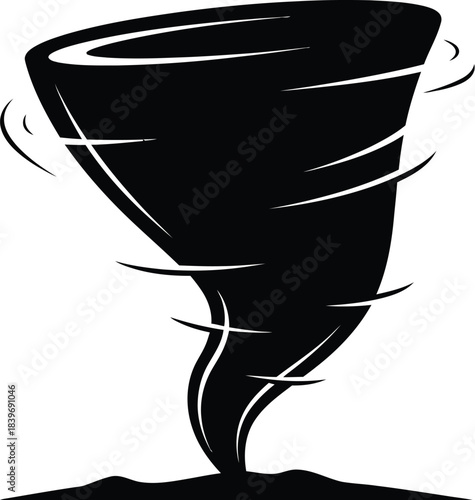 A striking black and white illustration of a swirling tornado shape