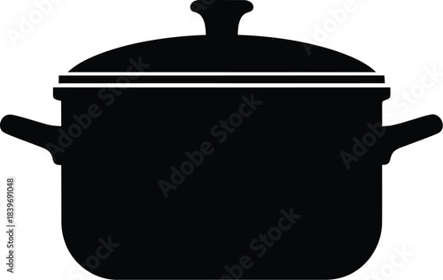 A simple black silhouette of a cooking pot with a lid and handles