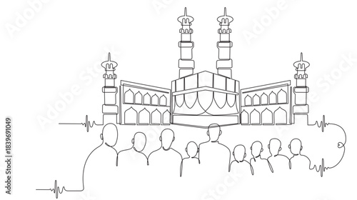 Continuous line art of Muslims gathered in Mecca. Vector art image for worship