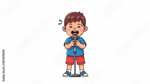 A nervous cartoon boy sweating and shouting into a microphone on a stand.