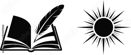 An open book a feather quill and a sunburst symbol in black and white