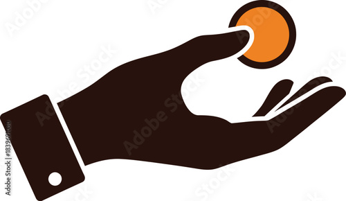 A hand reaching out about to catch or toss a small orange coin