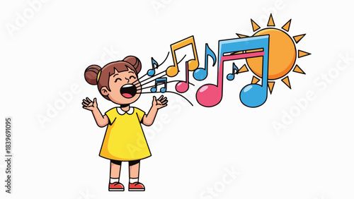 A cartoon illustration of a happy little girl singing with musical notes and a sun.