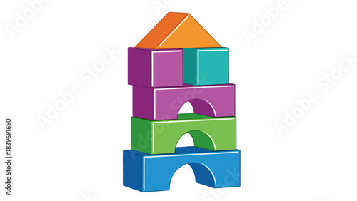 Colorful Building Blocks Stacked In A Tower Shape With A Triangle Top On A Black Background
