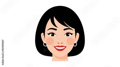 Close up portrait of a smiling woman with dark hair and rosy cheeks wearing hoop earrings against a black background with studio lighting