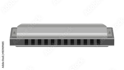 Close up view of a silver harmonica with a black base isolated on a dark background showcasing its metallic texture and wind instrument design