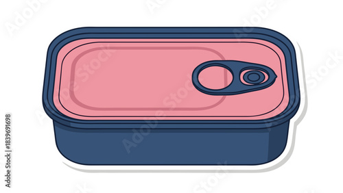 Closed Rectangular Tin Can With Blue Exterior and Pink Interior and a Ring Pull Tab for Opening Isolated on a White Background Minimalist Illustration Style