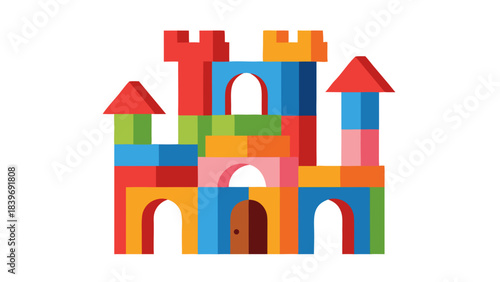 Colorful Building Blocks Castle Construction Toy Playtime Fun Fantasy Architecture Vibrant Rainbow Hues And Playful Design On Black Background