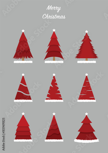 Vector drawing set of red Christmas trees resembling Santa Claus hats