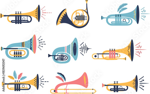 Diverse Collection of Decorative Horn and Trumpet Illustrations