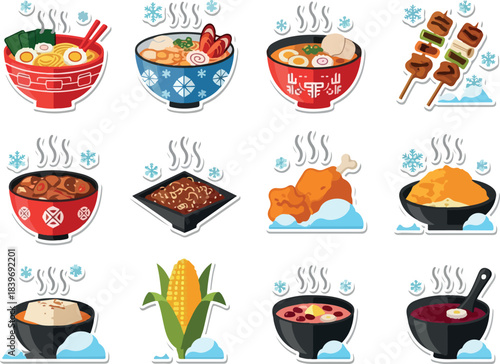 Cold Food Stickers Noodles, Meat, and Corn Icons
