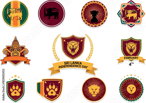 Sri Lanka Independence Day Emblems Lion, Flag and National Symbols Set