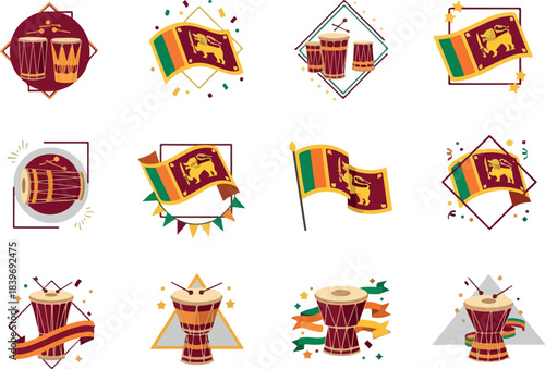 Sri Lanka Independence Day Icons Vibrant Flags, Drums & Celebratory Design Elements