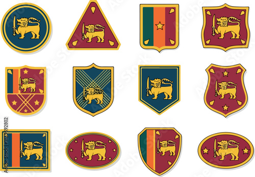 Sri Lankan Lion Symbol Emblems in Diverse Vector Shield Shapes