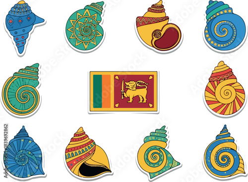 Colorful Seashells with Sri Lankan Flag, Vector Graphic