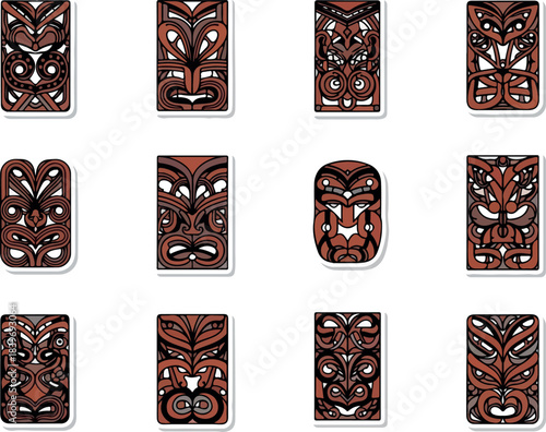 Collection of Intricate Maori Carved Face Mask Icons Set in a Distinctive Style