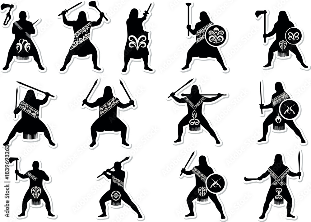 Obraz premium Silhouetted Warriors in Dynamic Poses with Weapons