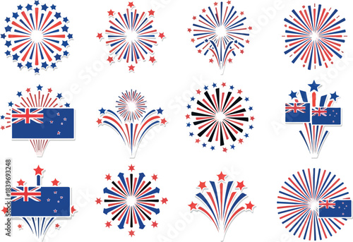 Patriotic New Zealand Day Celebration Festive Fireworks and Flags Illustration