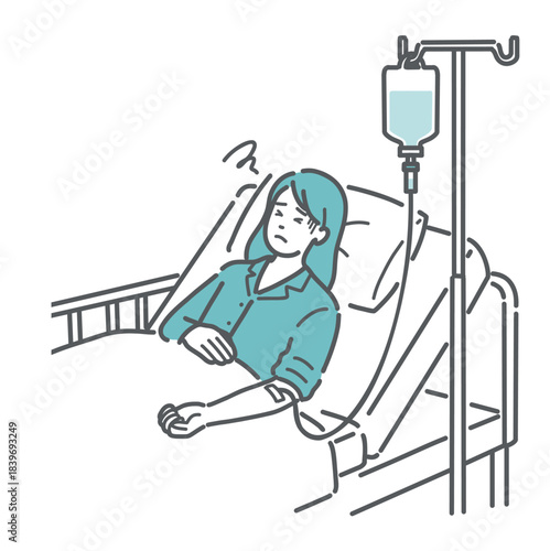 点滴中に気分が悪そうな女性患者のイラスト（副作用・体調不良）