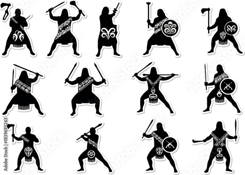 Silhouetted Warriors in Dynamic Poses with Weapons
