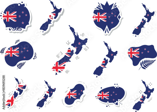 New Zealand Map with Flag Sticker Collection. Vector design with Patriotic elements