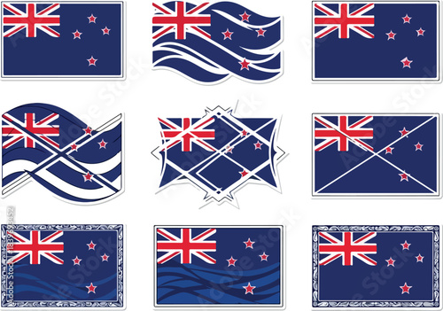 Illustrations of the New Zealand flag with varying artistic designs