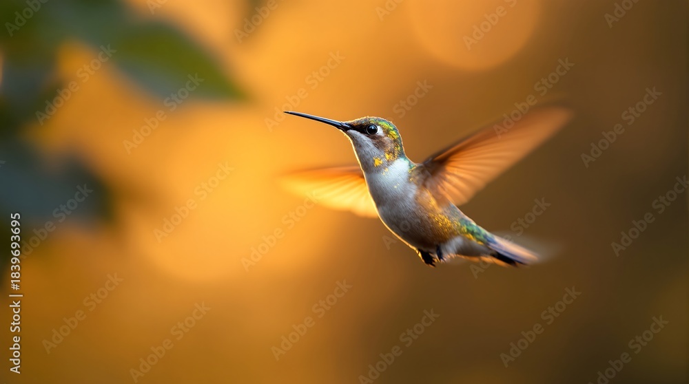 Naklejka premium Ruby-throated hummingbird in flight against blurry golden background