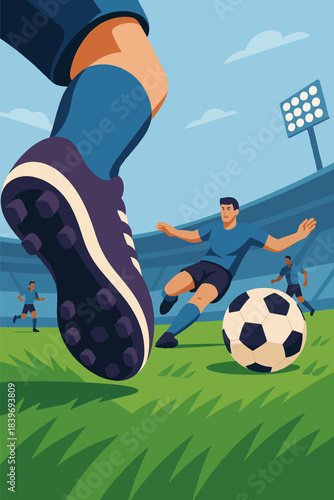 Intense low angle view of a soccer player about to kick the ball during a competitive stadium match