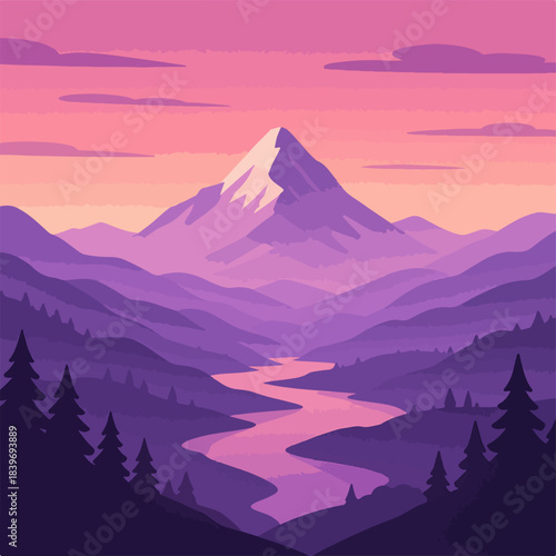 Majestic snow capped mountain peak overlooks a winding river valley at vibrant purple sunset