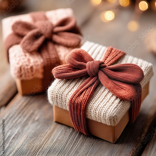 Gift boxes wrapped in knitted wool texture with yarn bows