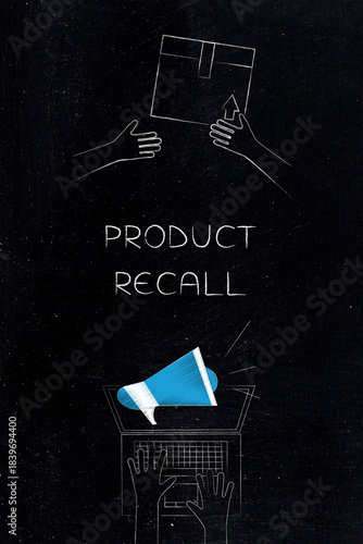 product recall megaphone with customer and manufacturer box exchange illustration