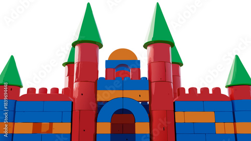 Colorful Toy Castle With Red Blue Orange And Green Blocks With Multiple Towers and Arches Against A Black Background Ideal For Childrens Playtime Imagination And Fantasy Themes