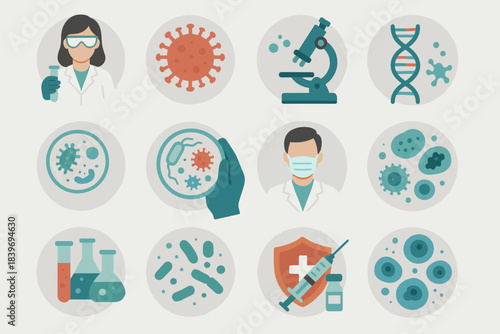 Medical Research and Virus Laboratory Icons Set