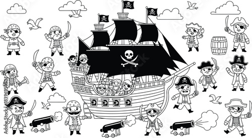 Black and white vector illustration set of a pirate ship, various cartoon buccaneers, sailing flags, and cannons for children's books, games, or adventure themes isolated on white