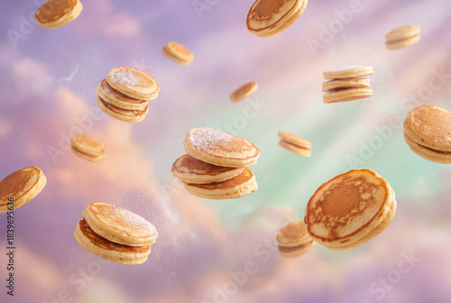 Flying Pancakes in a Dreamy Sky - miniature pancakes dusted with powdered sugar appear to be floating in a dreamy sky filled with pastel clouds of pink, purple, and orange hues.