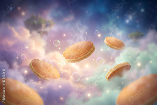 Pancakes Floating in a Magical Glow - single pancakes drift in a warm, glowing, mystical sky full of soft clouds, light streaks, and floating bubbles, suggesting a sweet and magical dream.