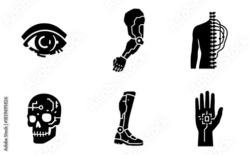 Bionic implants silhouette icons set, robotic arm, prosthetic leg and cyber skull