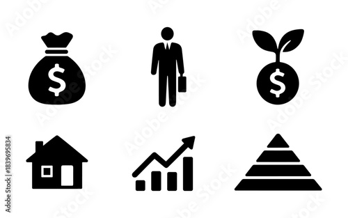 Finance investment silhouette icons set, business person, profit chart and real estate