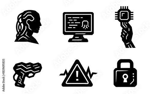 Cyber security silhouette icons set, AI profile, computer monitor and secure lock